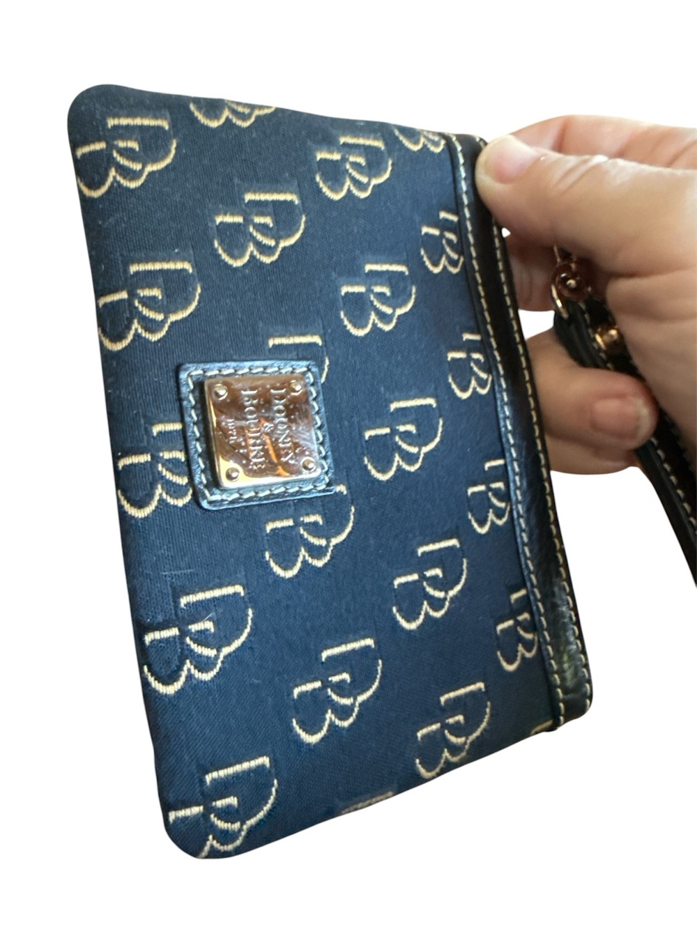 Dooney & Bourke Navy and Gold Logo Wristlet with Strap - Picture 3 of 5